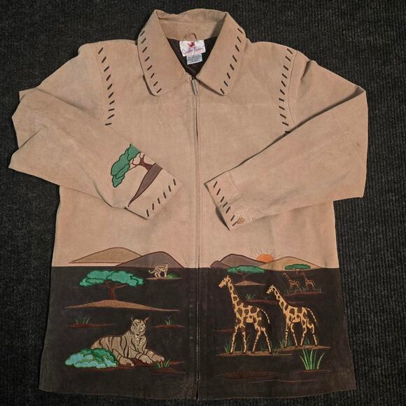 Tan and brown 100% leather jacket with embroidered animals - Picture 1 of 6